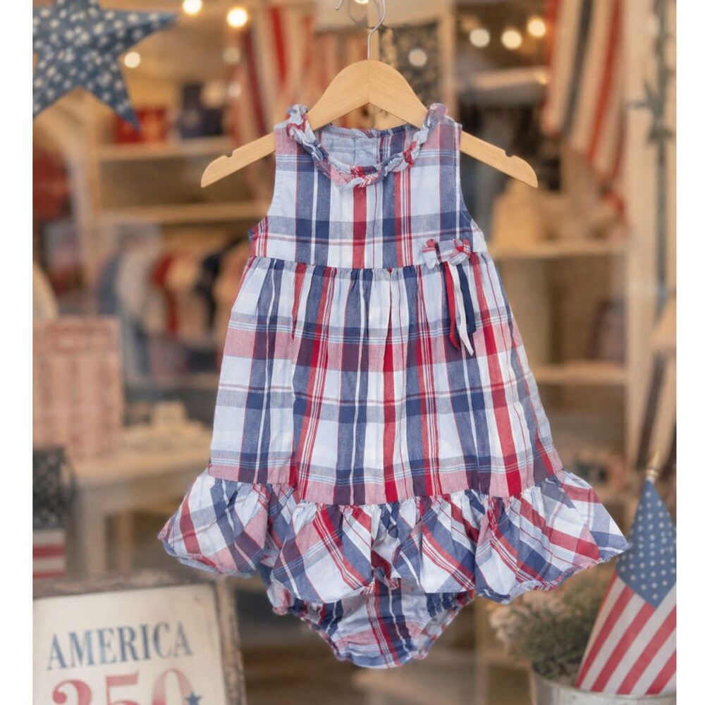 Authentic Kids 18M Patriotic Plaid Dress & Bloomers America 250 Cotton Americana